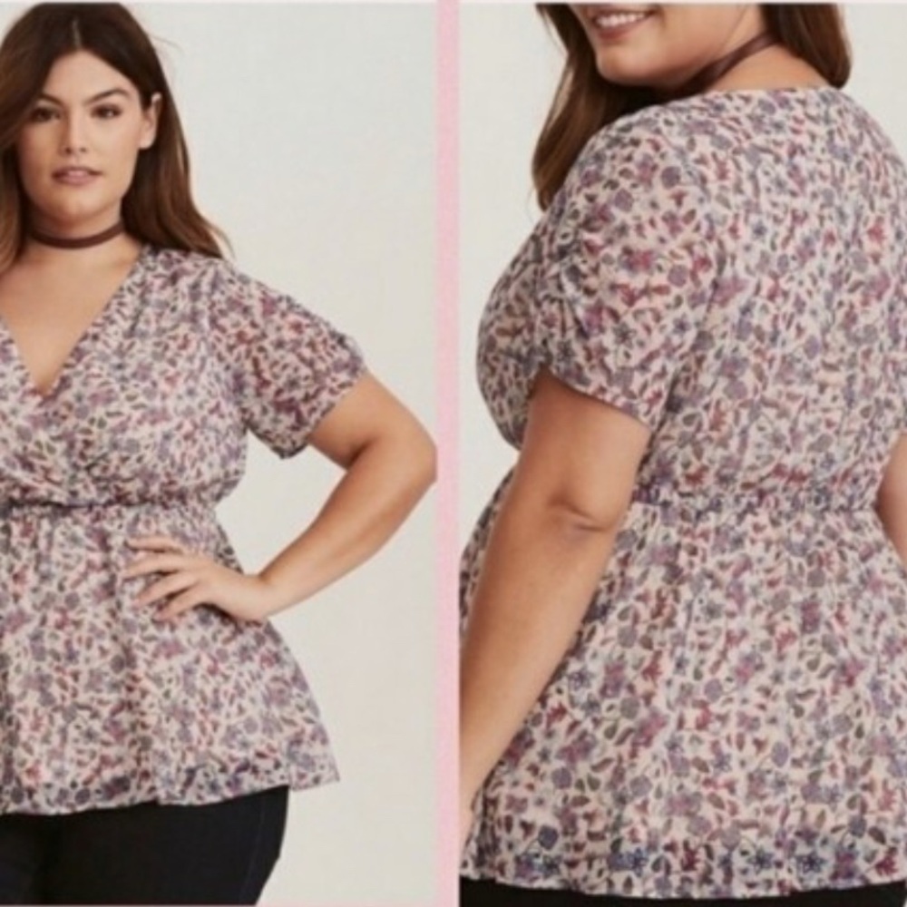 Torrid Womens 4X Purple Ditsy Floral Short Sleeves Chiffon Babydoll Blouse - Picture 10 of 16